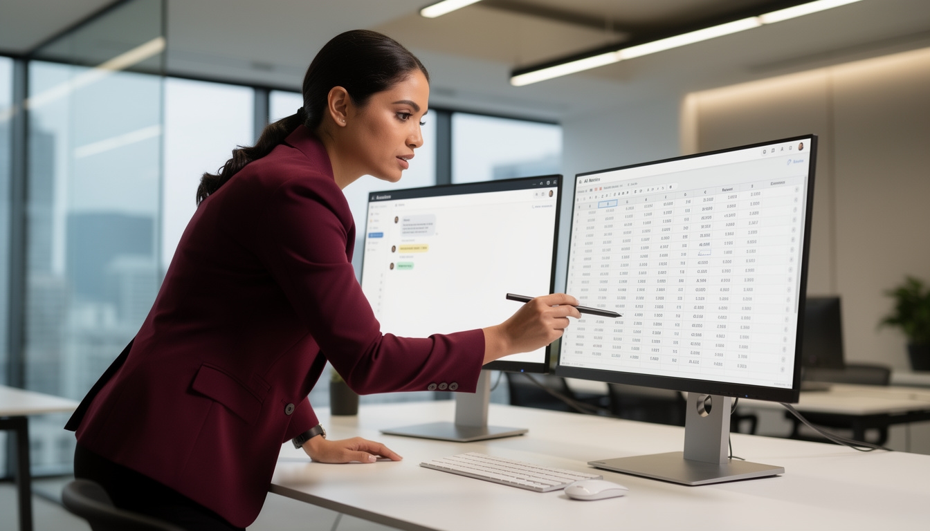 Profesional verificando información generada por inteligencia artificial en pantalla